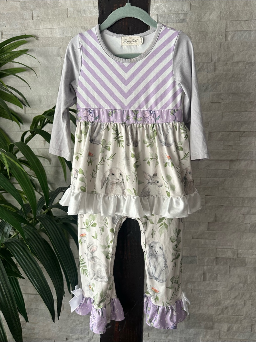 Marie Nicole Bunny Rabbit Floral Bell Bottom Ruffle Tiered One Piece 18-24 M